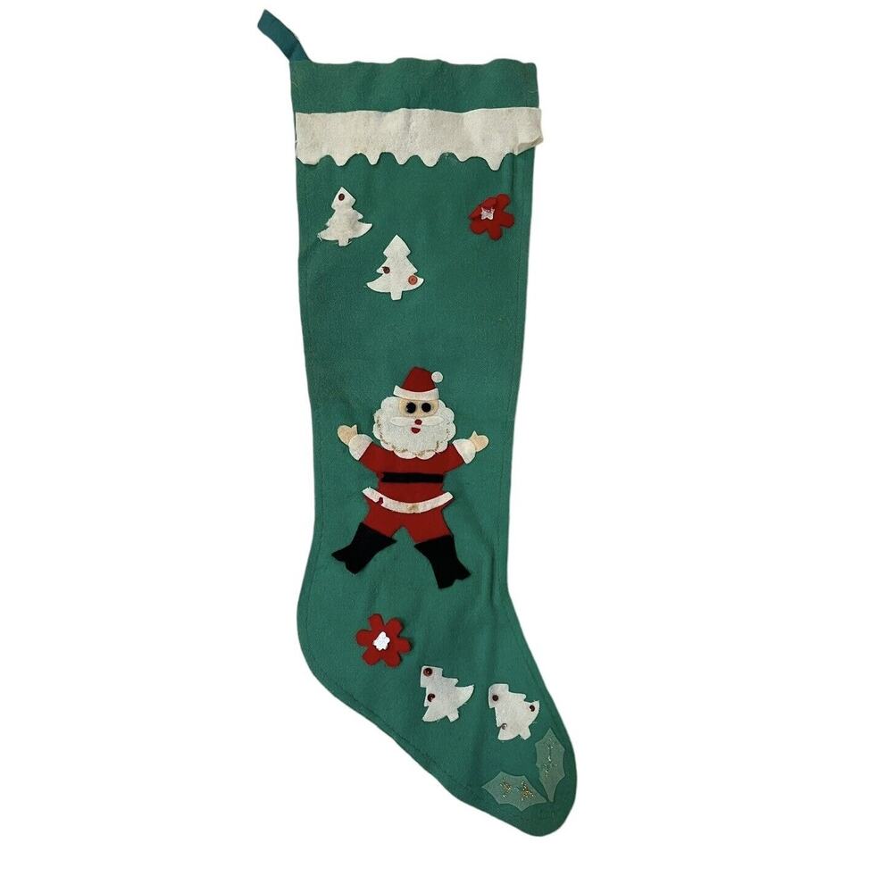 Vtg Christmas Felt Stocking Santa Claus Snow Sequins 60s Mid Century‎ Modern